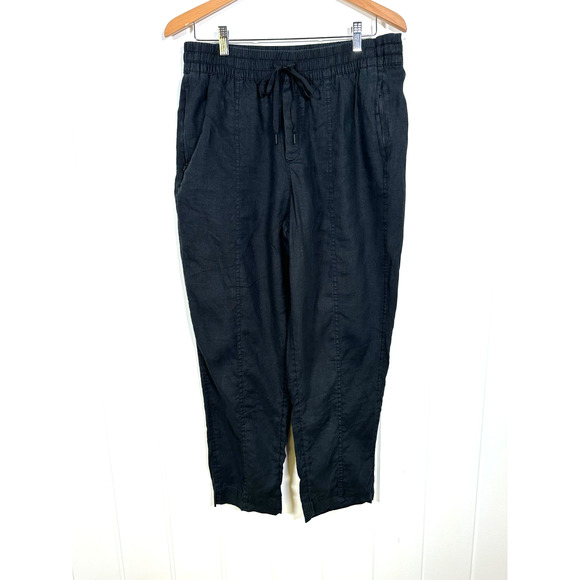 Athleta Retreat 100% Linen Ankle Pant Med. Black Straight Fit High Rise Pull-on - Picture 1 of 9